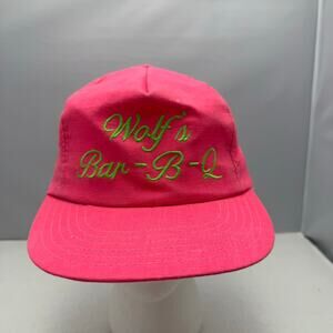 Vintage Wolf's Bar-B-Q Neon Pink Snapback Hat Green Script Rave Indie Trucker